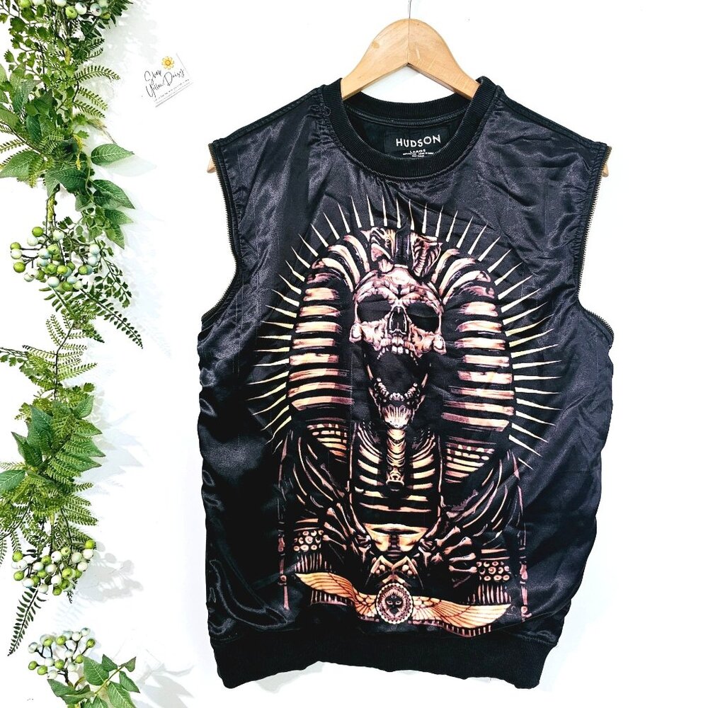 Mens Hudson Outerwear Sleeveless Sweatshirt Egyptian Pharaoh Skull Vest Black L